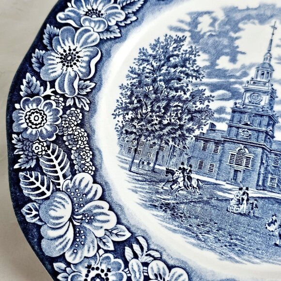3 Liberty Blue Independence Hall Dinner Plates 10" Staffordshire England Ironsto - Picture 5 of 16